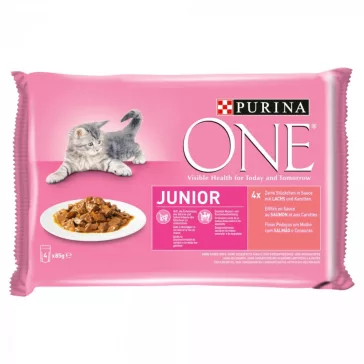   One Junior Mini Filé nedves macskaeledel szószban lazaccal és sárgarépával 4 x 85 g