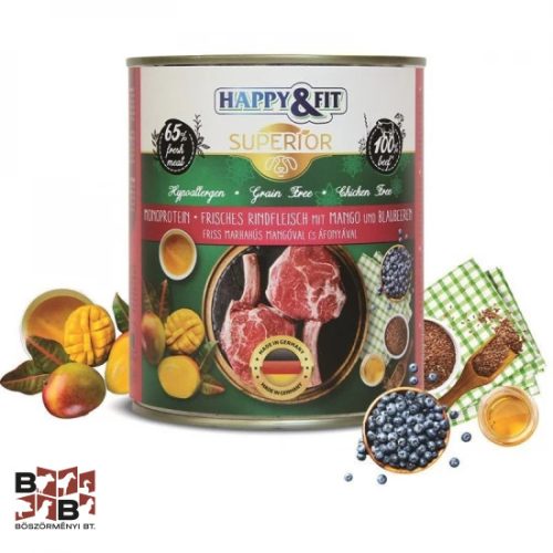 Happy&FitSuperior Dog konzerv Friss marhahús, mangóval, áfonyával 800g